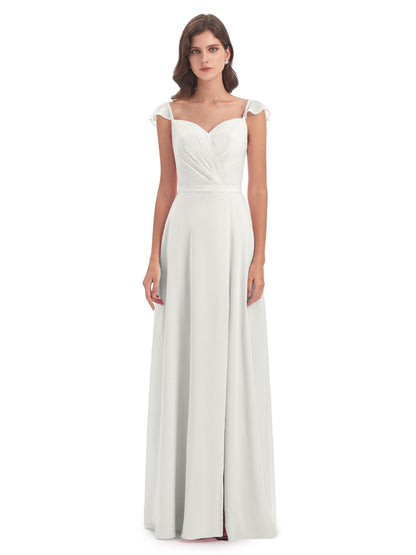 Mylah Sheath Cap Sleeves Split Chiffon Long Bridesmaid Dresses