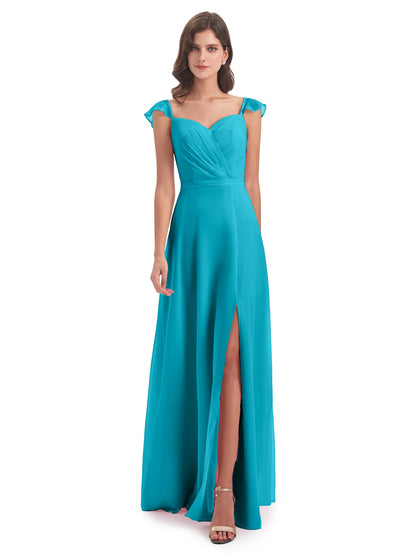 Mylah Sheath Cap Sleeves Split Chiffon Long Bridesmaid Dresses