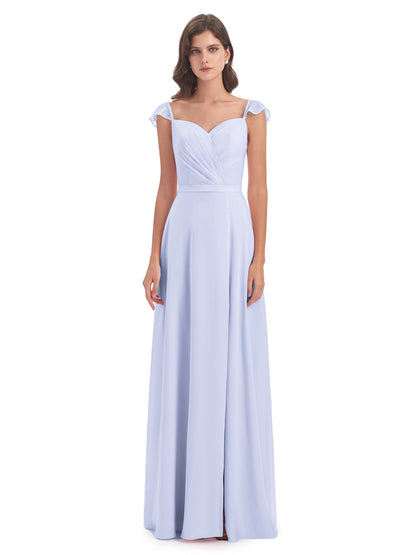 Mylah Sheath Cap Sleeves Split Chiffon Long Bridesmaid Dresses