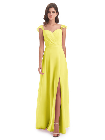 Mylah Sheath Cap Sleeves Split Chiffon Long Bridesmaid Dresses