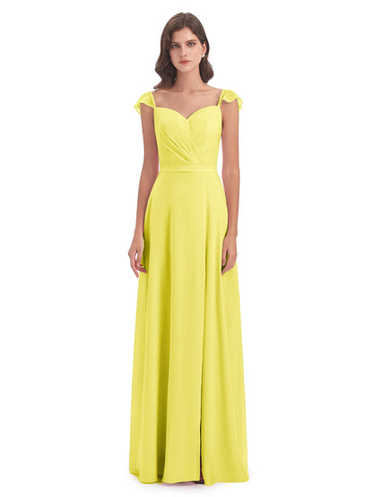 Mylah Sheath Cap Sleeves Split Chiffon Long Bridesmaid Dresses