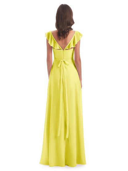 Mylah Sheath Cap Sleeves Split Chiffon Long Bridesmaid Dresses