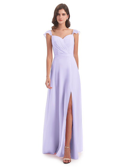 Mylah Sheath Cap Sleeves Split Chiffon Long Bridesmaid Dresses