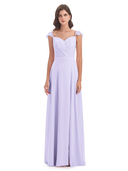 Mylah Sheath Cap Sleeves Split Chiffon Long Bridesmaid Dresses