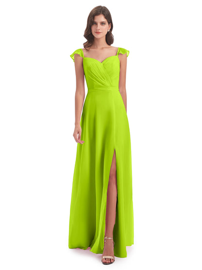 Mylah Sheath Cap Sleeves Split Chiffon Long Bridesmaid Dresses
