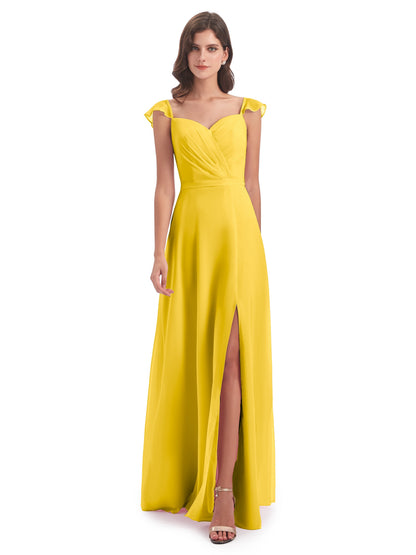 Mylah Sheath Cap Sleeves Split Chiffon Long Bridesmaid Dresses