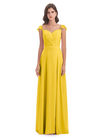 Mylah Sheath Cap Sleeves Split Chiffon Long Bridesmaid Dresses