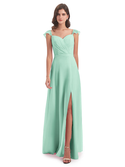 Mylah Sheath Cap Sleeves Split Chiffon Long Bridesmaid Dresses