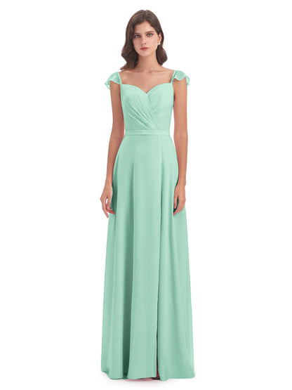 Mylah Sheath Cap Sleeves Split Chiffon Long Bridesmaid Dresses