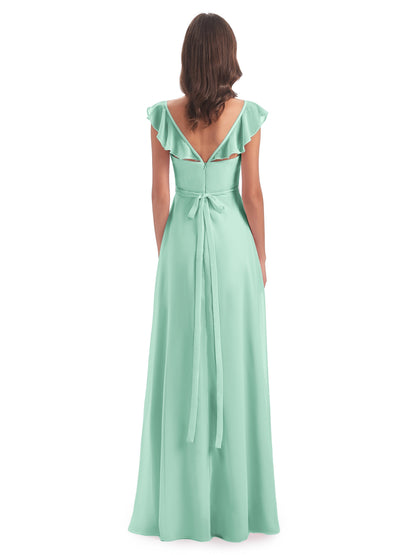 Mylah Sheath Cap Sleeves Split Chiffon Long Bridesmaid Dresses