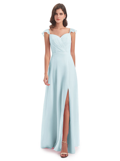 Mylah Sheath Cap Sleeves Split Chiffon Long Bridesmaid Dresses