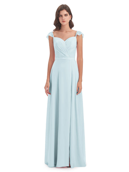 Mylah Sheath Cap Sleeves Split Chiffon Long Bridesmaid Dresses