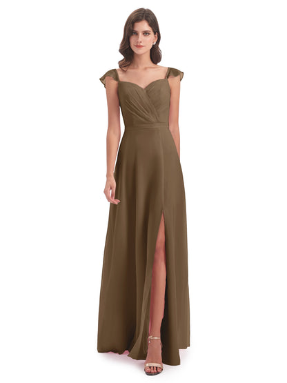 Mylah Sheath Cap Sleeves Split Chiffon Long Bridesmaid Dresses
