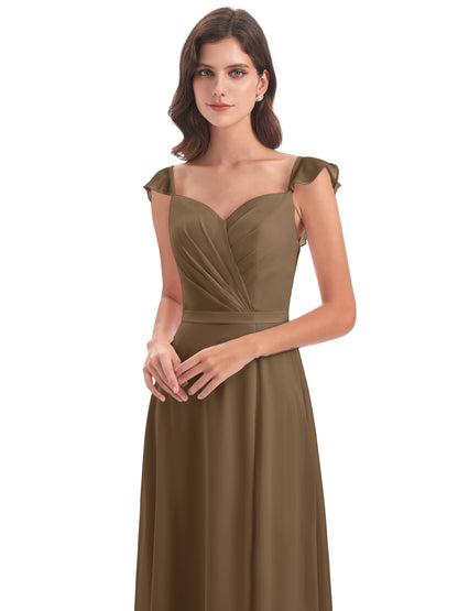 Mylah Sheath Cap Sleeves Split Chiffon Long Bridesmaid Dresses