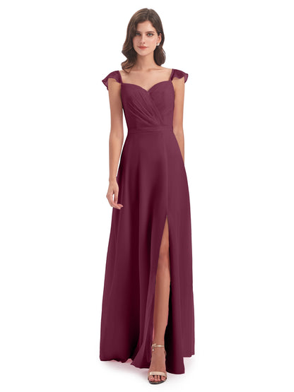 Mylah Sheath Cap Sleeves Split Chiffon Long Bridesmaid Dresses