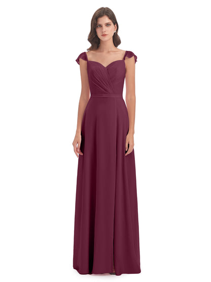 Mylah Sheath Cap Sleeves Split Chiffon Long Bridesmaid Dresses