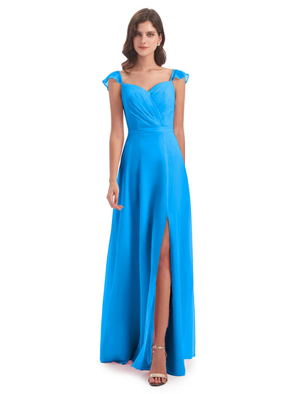 Mylah Sheath Cap Sleeves Split Chiffon Long Bridesmaid Dresses