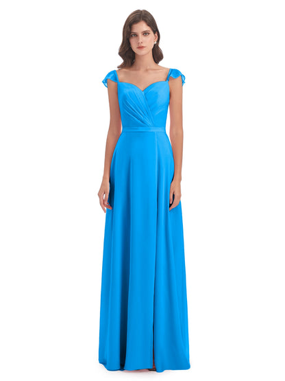 Mylah Sheath Cap Sleeves Split Chiffon Long Bridesmaid Dresses