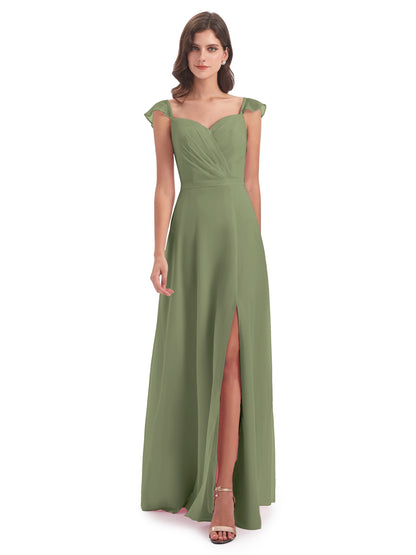 Mylah Sheath Cap Sleeves Split Chiffon Long Bridesmaid Dresses