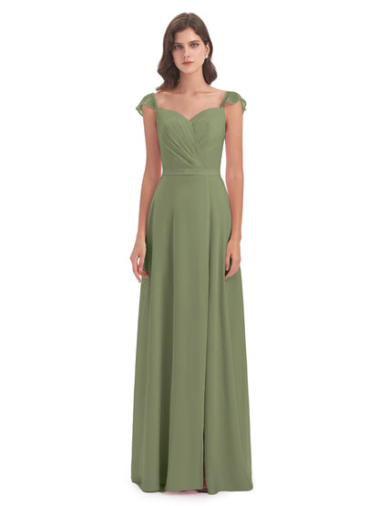 Mylah Sheath Cap Sleeves Split Chiffon Long Bridesmaid Dresses