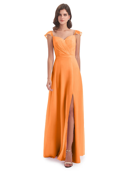 Mylah Sheath Cap Sleeves Split Chiffon Long Bridesmaid Dresses