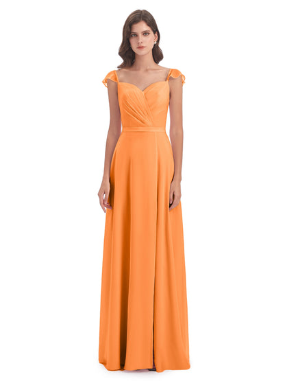 Mylah Sheath Cap Sleeves Split Chiffon Long Bridesmaid Dresses