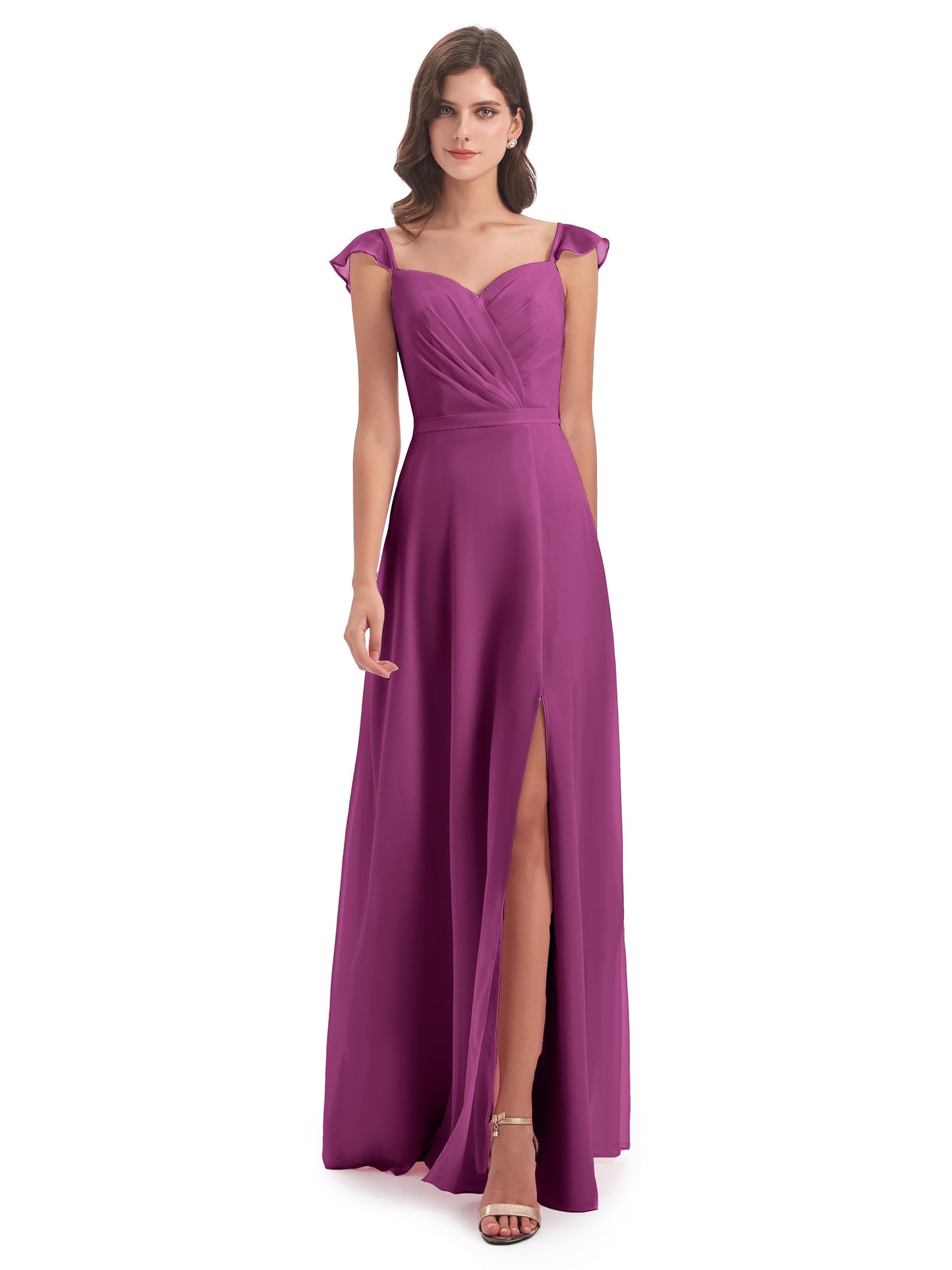 Mylah Sheath Cap Sleeves Split Chiffon Long Bridesmaid Dresses