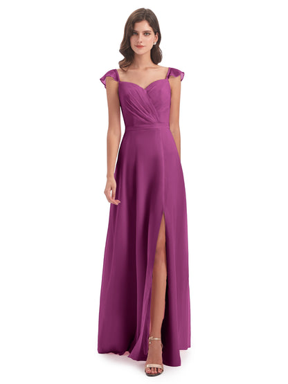 Mylah Sheath Cap Sleeves Split Chiffon Long Bridesmaid Dresses
