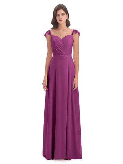 Mylah Sheath Cap Sleeves Split Chiffon Long Bridesmaid Dresses