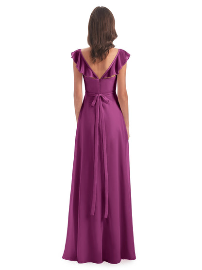Mylah Sheath Cap Sleeves Split Chiffon Long Bridesmaid Dresses