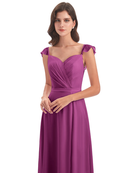 Mylah Sheath Cap Sleeves Split Chiffon Long Bridesmaid Dresses