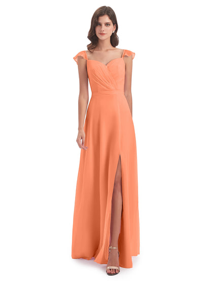 Mylah Sheath Cap Sleeves Split Chiffon Long Bridesmaid Dresses