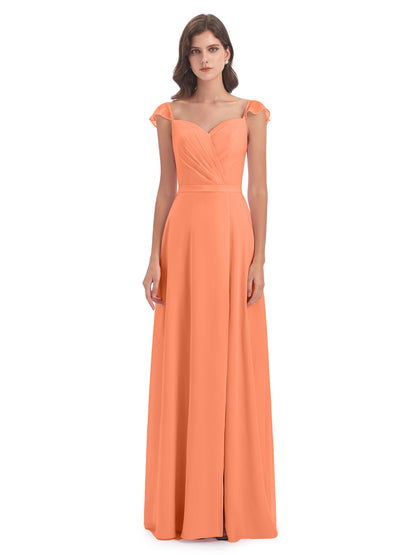 Mylah Sheath Cap Sleeves Split Chiffon Long Bridesmaid Dresses