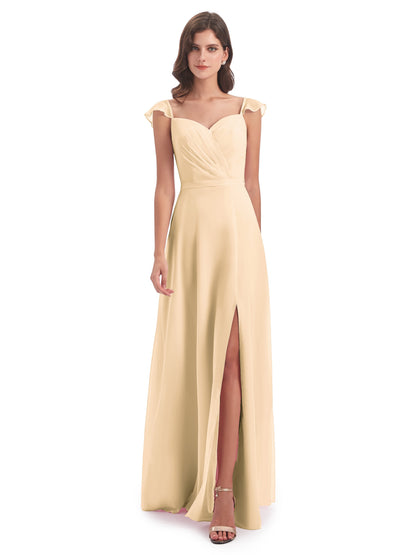 Mylah Sheath Cap Sleeves Split Chiffon Long Bridesmaid Dresses