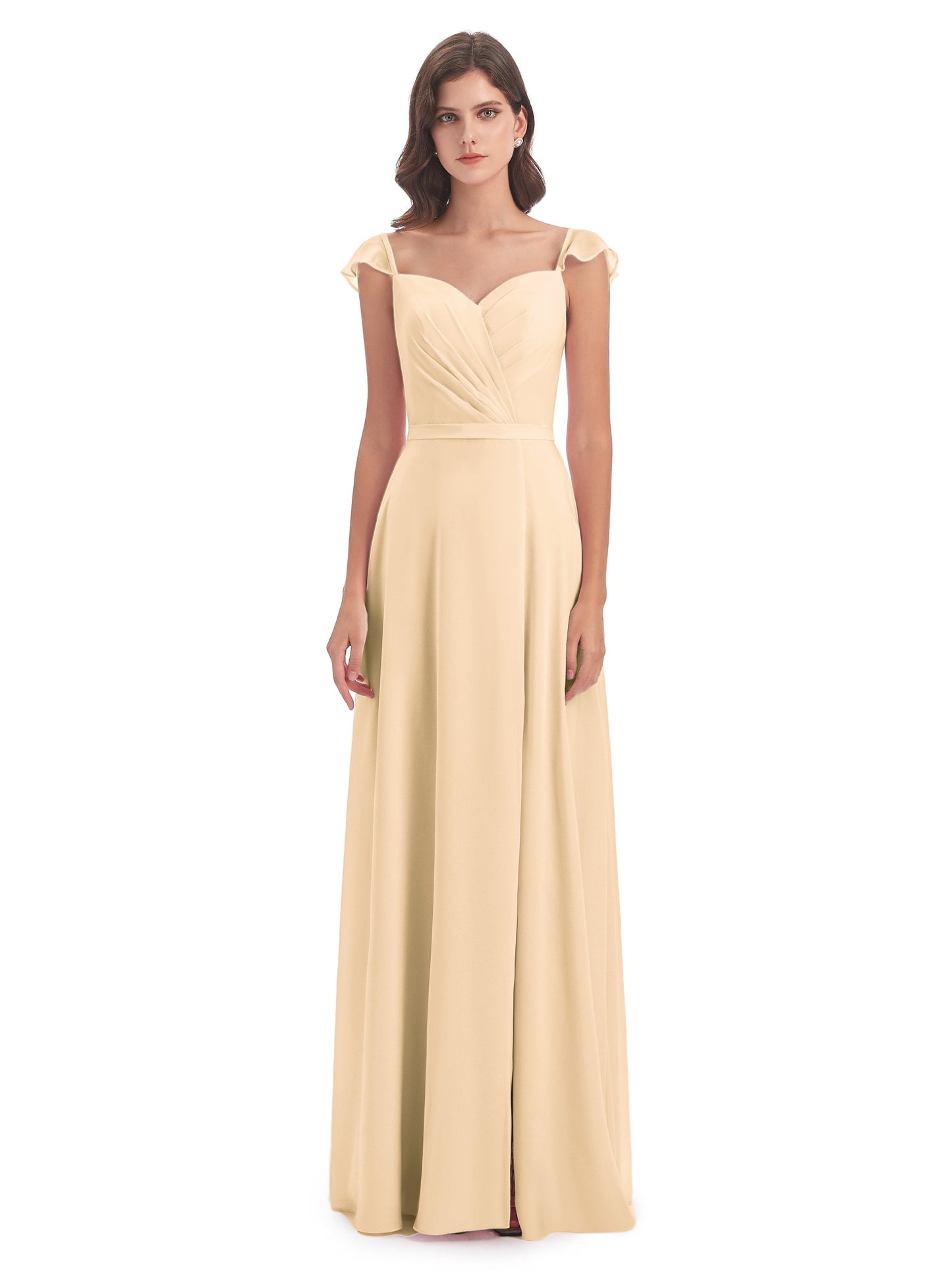 Mylah Sheath Cap Sleeves Split Chiffon Long Bridesmaid Dresses