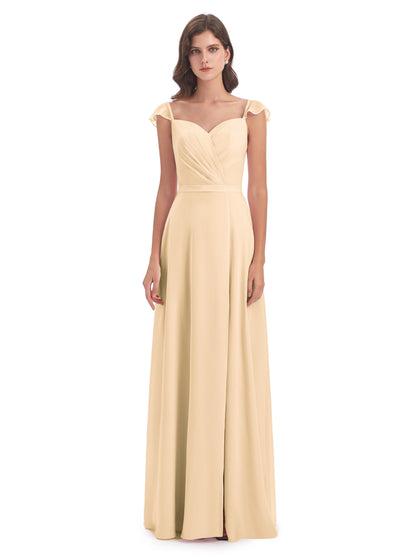 Mylah Sheath Cap Sleeves Split Chiffon Long Bridesmaid Dresses