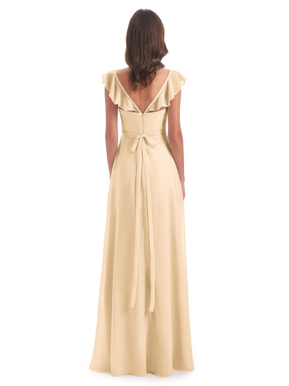 Mylah Sheath Cap Sleeves Split Chiffon Long Bridesmaid Dresses