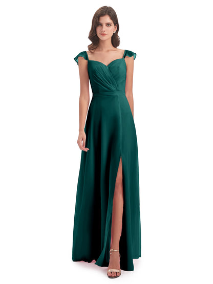 Mylah Sheath Cap Sleeves Split Chiffon Long Bridesmaid Dresses