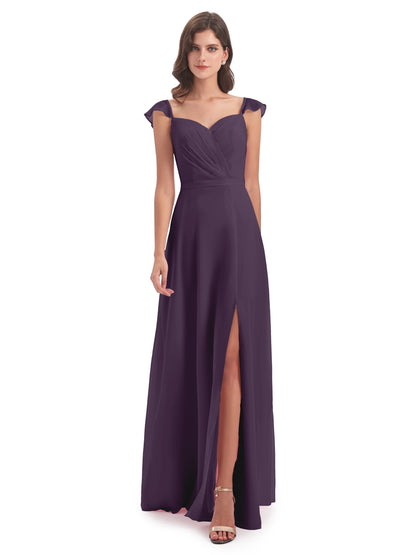 Mylah Sheath Cap Sleeves Split Chiffon Long Bridesmaid Dresses