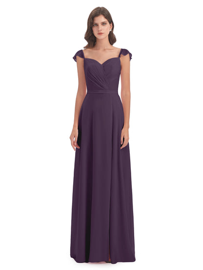 Mylah Sheath Cap Sleeves Split Chiffon Long Bridesmaid Dresses