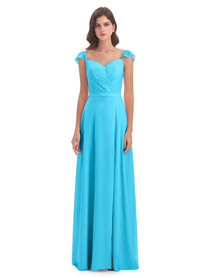 Mylah Sheath Cap Sleeves Split Chiffon Long Bridesmaid Dresses