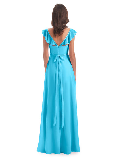 Mylah Sheath Cap Sleeves Split Chiffon Long Bridesmaid Dresses