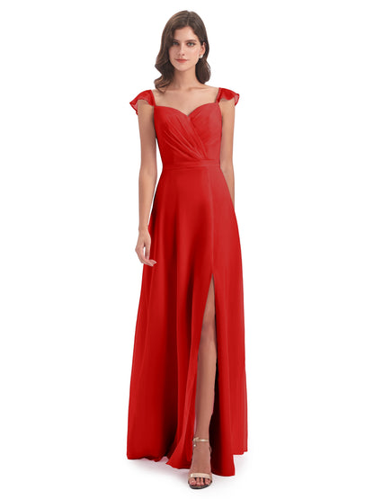 Mylah Sheath Cap Sleeves Split Chiffon Long Bridesmaid Dresses