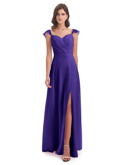 Mylah Sheath Cap Sleeves Split Chiffon Long Bridesmaid Dresses