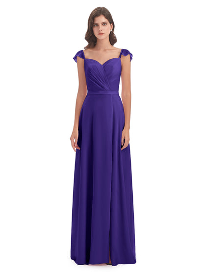 Mylah Sheath Cap Sleeves Split Chiffon Long Bridesmaid Dresses