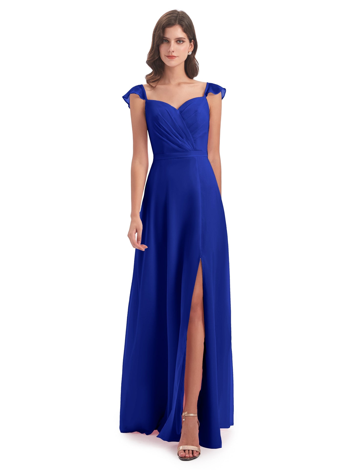 Mylah Sheath Cap Sleeves Split Chiffon Long Bridesmaid Dresses
