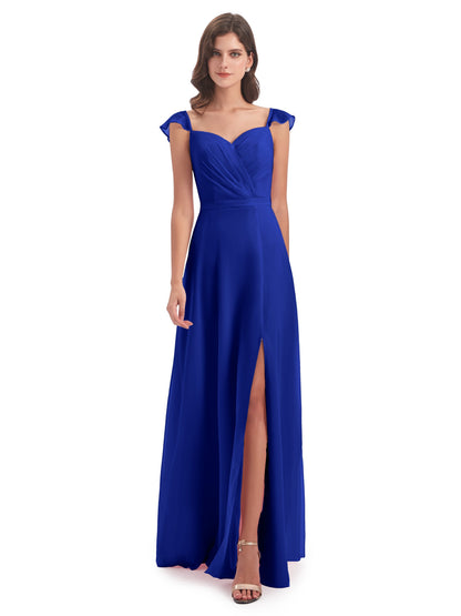 Mylah Sheath Cap Sleeves Split Chiffon Long Bridesmaid Dresses