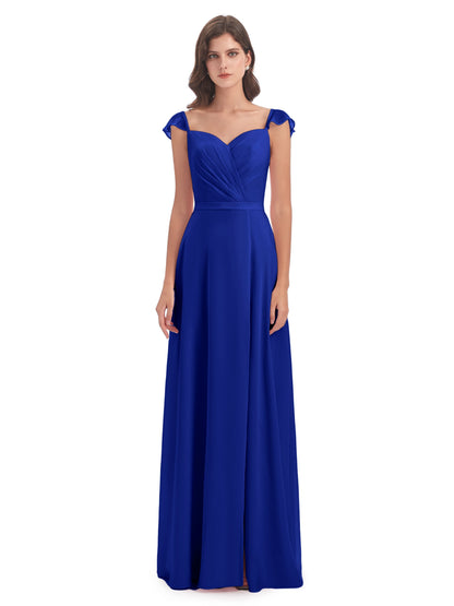Mylah Sheath Cap Sleeves Split Chiffon Long Bridesmaid Dresses