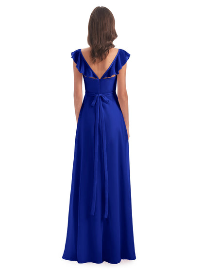 Mylah Sheath Cap Sleeves Split Chiffon Long Bridesmaid Dresses
