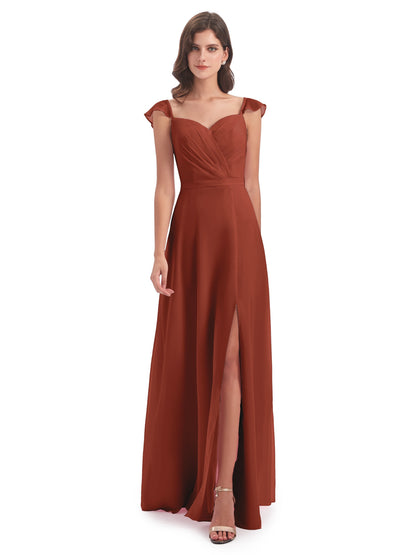 Mylah Sheath Cap Sleeves Split Chiffon Long Bridesmaid Dresses